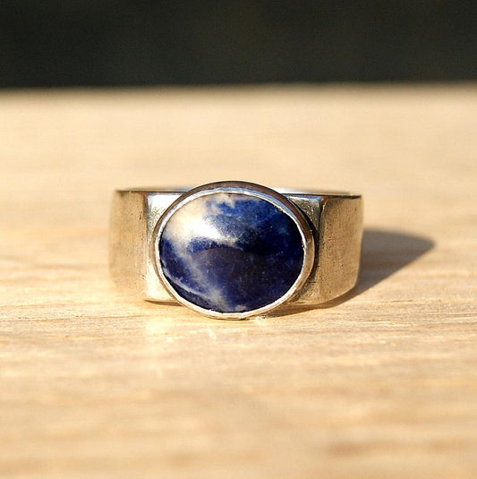 Heavy Silver Signet Ring, Hallmarked Signet with Sodalite Stone, Oxidised Jewellery, Blue Stone Ring