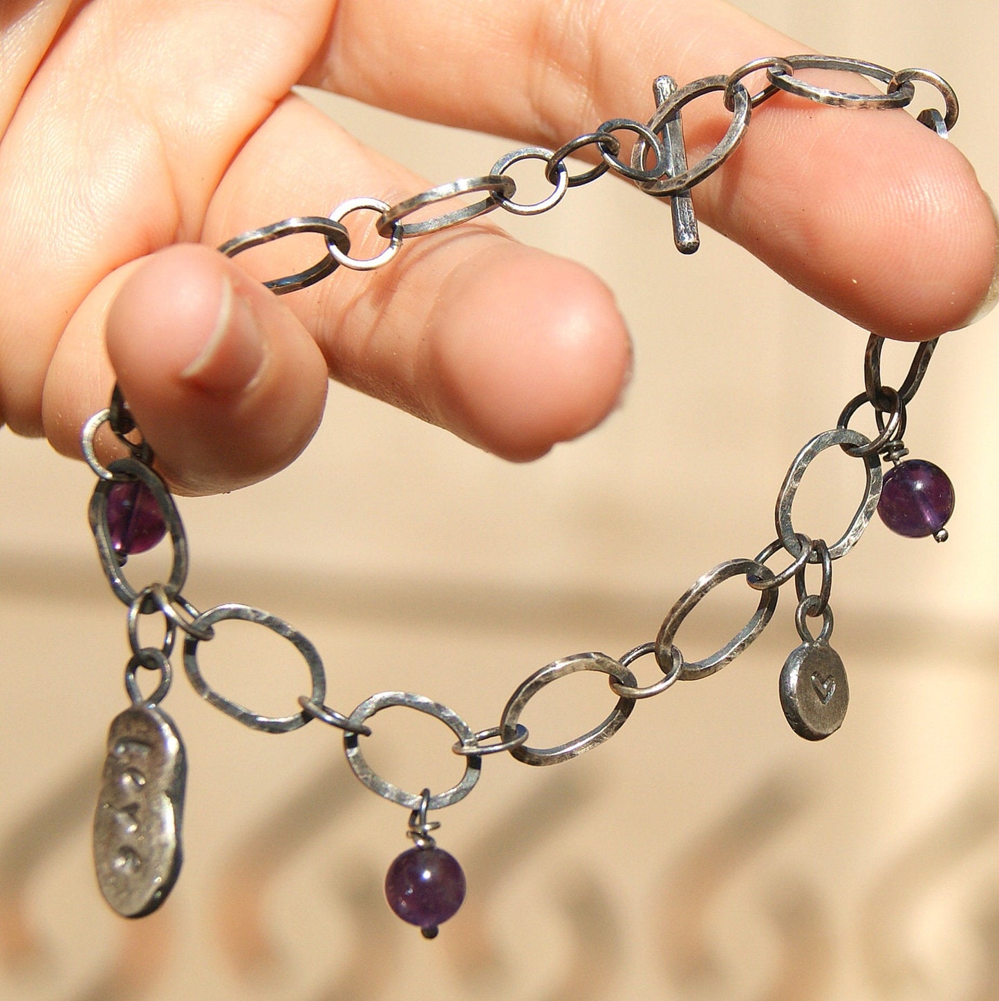 Amethyst Hand Forged Bracelet, Silver Links Bracelet, Love Heart Jewellery