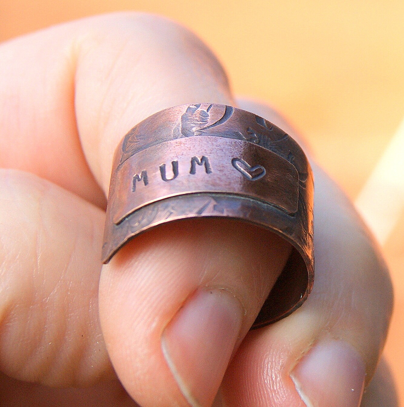 Adjustable Copper Ring, Wide Name Ring, 7th Anniversary Gift Idea, Rustic Jewellery