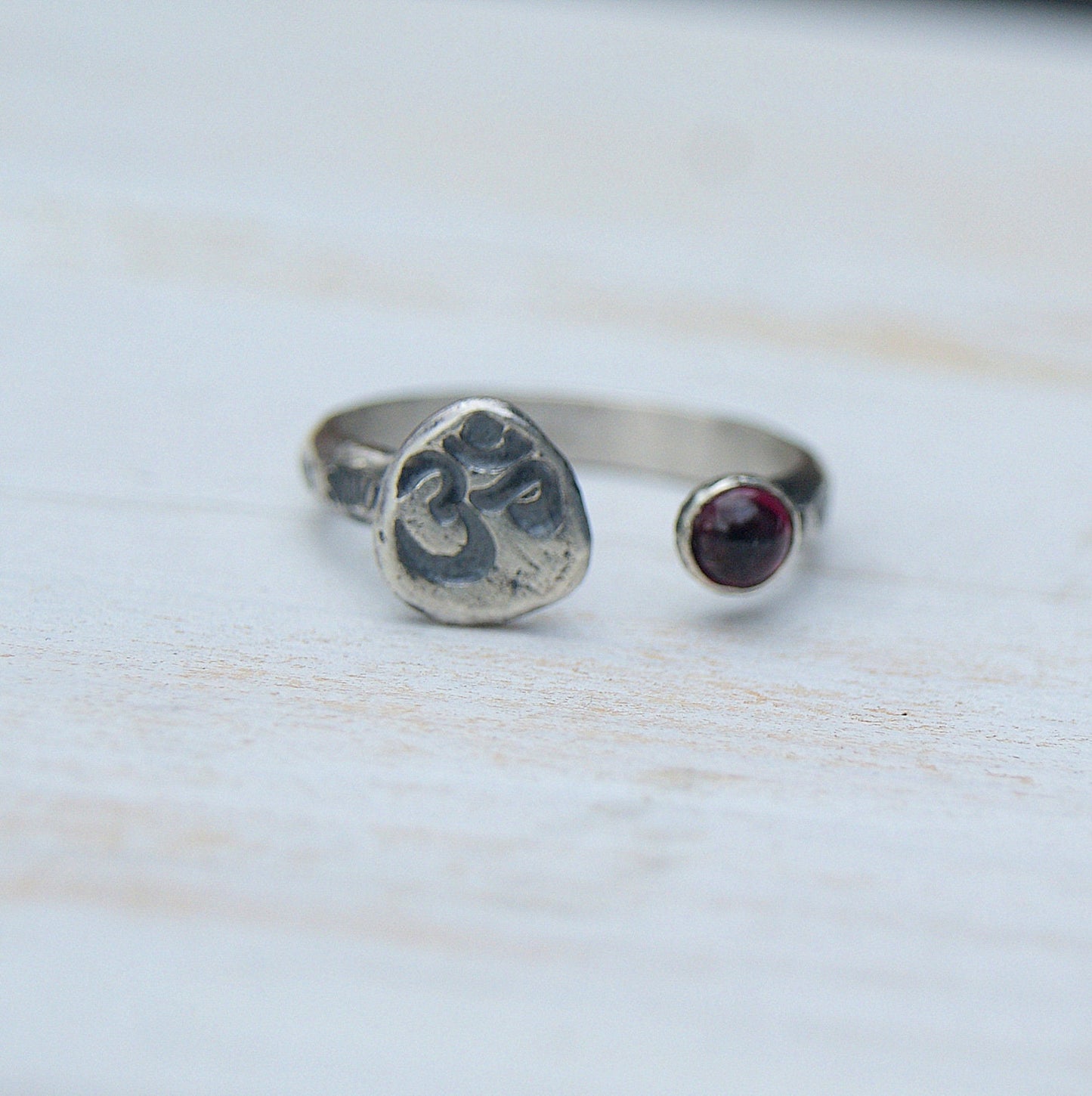 Aum Om Ohm Ring, Garnet Two Eyed Ring, Open Band Rustic Ring, Sterling Silver Jewellery