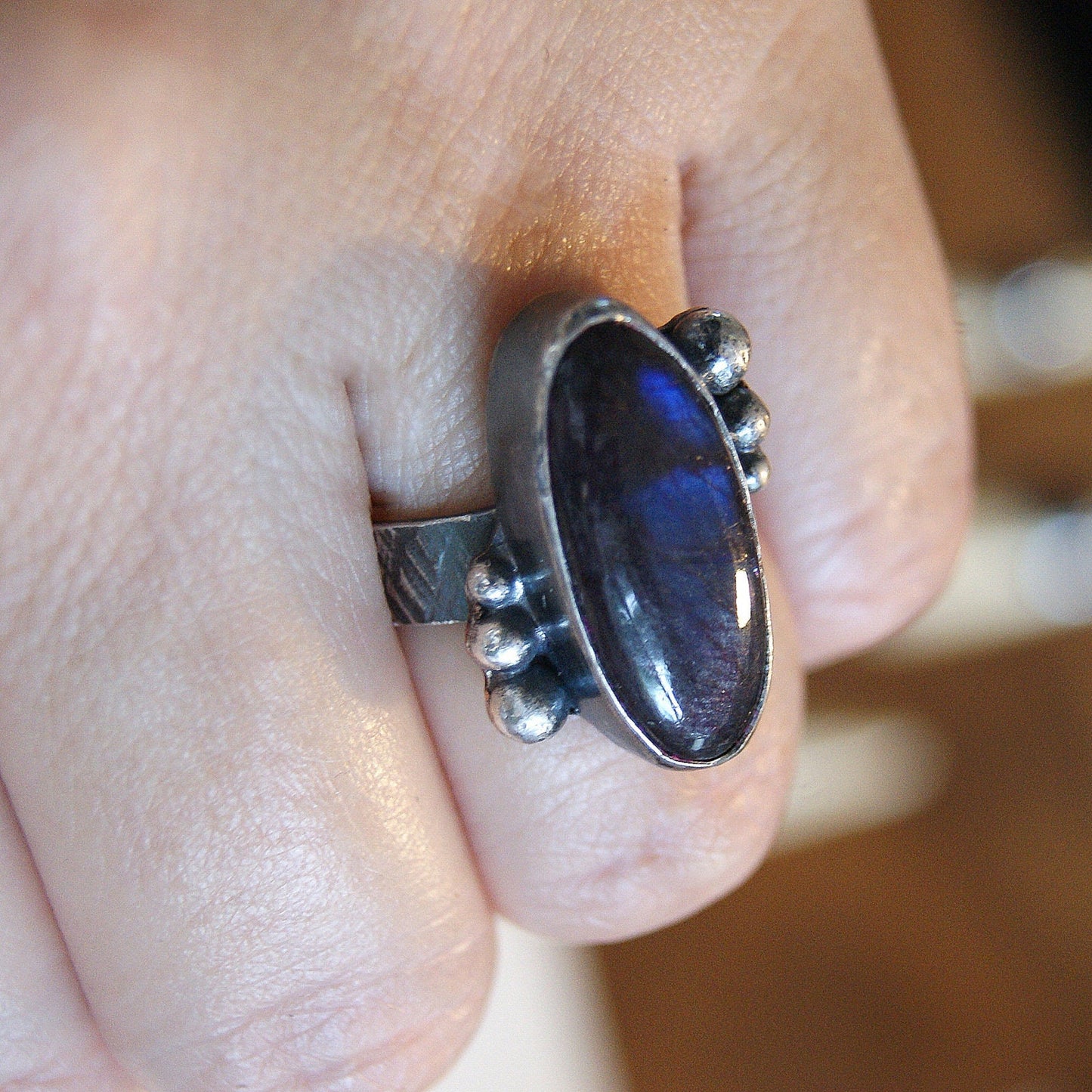 Labradorite Ring, Silver Oval Ring, Rustic Jewellery