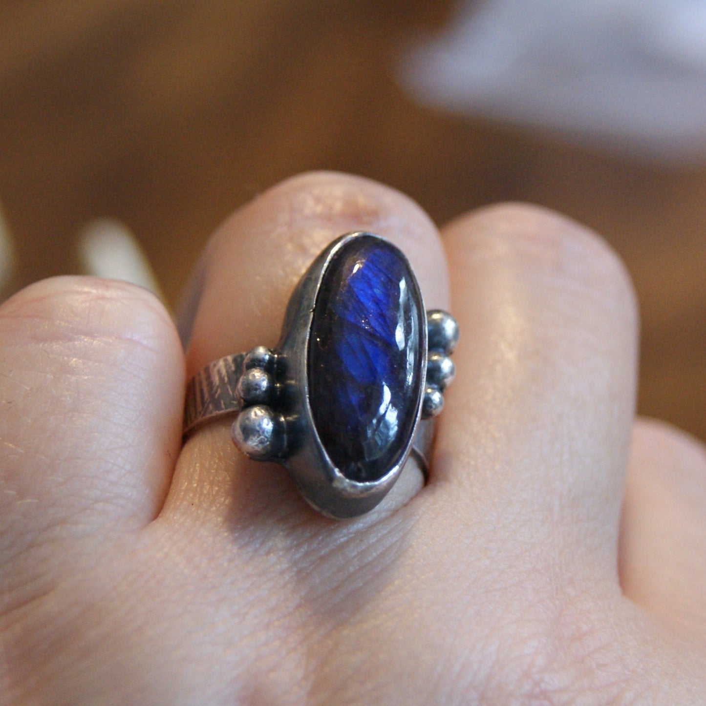 Labradorite Ring, Silver Oval Ring, Rustic Jewellery