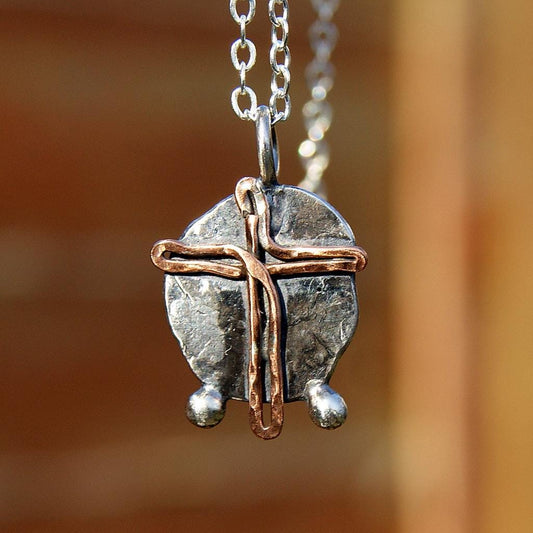 Rustic Cross Pendant, Silver and Copper Cross Pendant, Sterling Silver Organic Necklace, Delicate Oxidised Pendant